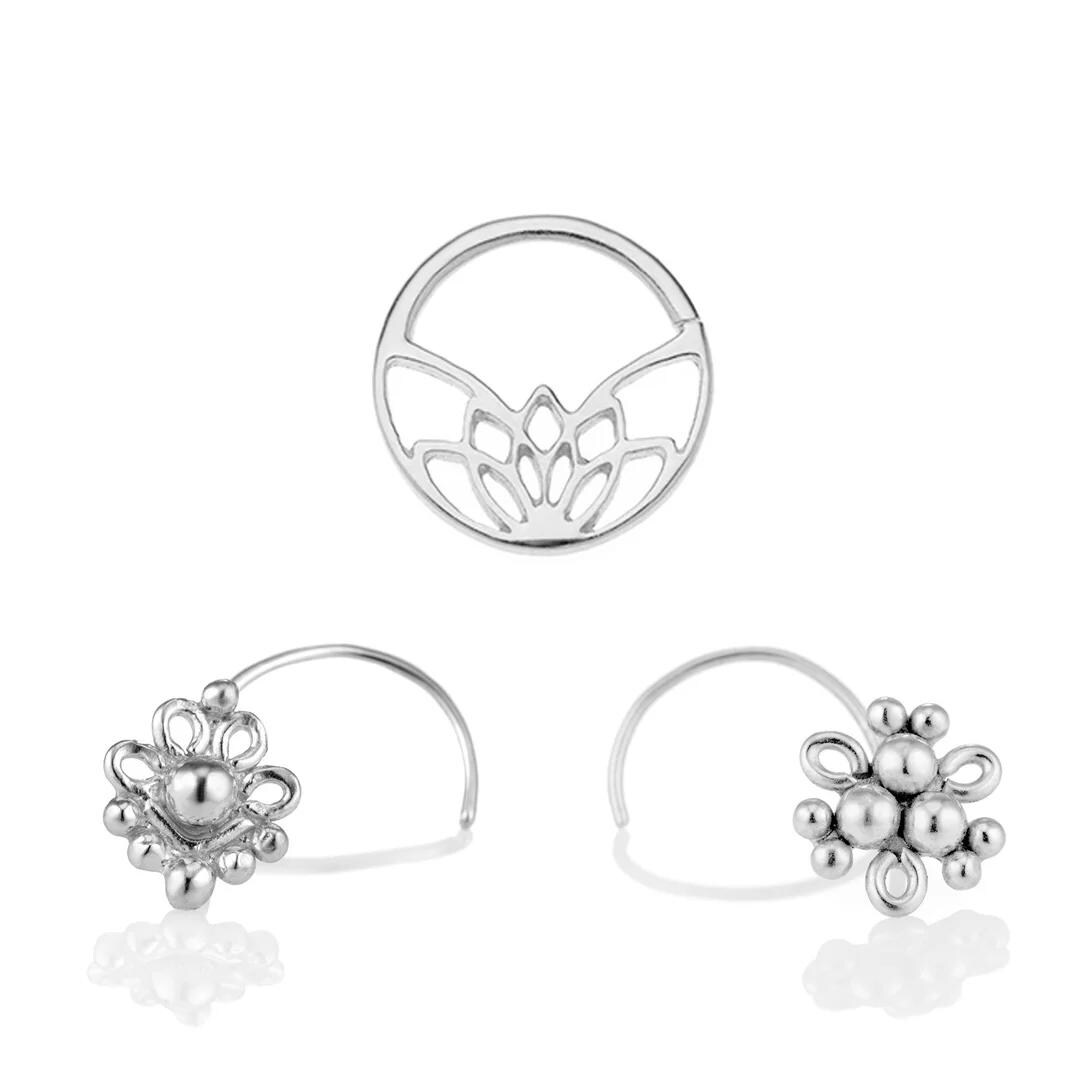 Piercing Set, Daith Hoop, Tragus Stud, Silver Nose Studs, Lotus