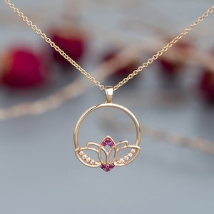 Necklace and Earring Set, Jewelry Set for Women, 14K Solid Gold Earrings & Necklace, Lotus Flower Wedding Jewelry, Ruby Set, Recycled Gold
