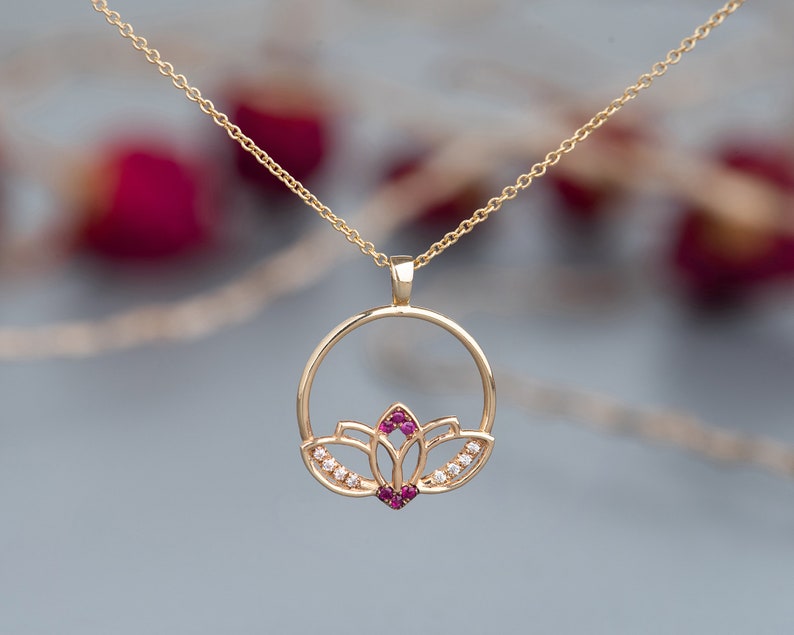 Necklace and Earring Set, Jewelry Set for Women, 14K Solid Gold Earrings & Necklace, Lotus Flower Wedding Jewelry, Ruby Set, Recycled Gold