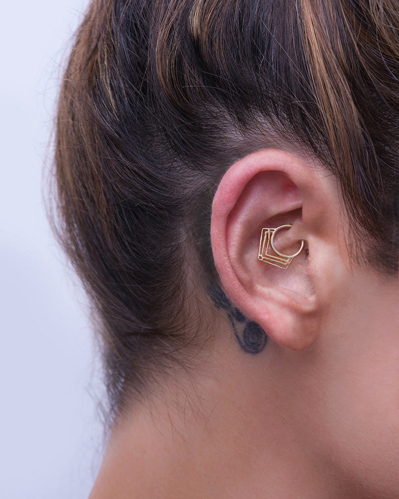 14K Solid Gold Large Septum Ring, Geometric Nose Ring, Tribal Bohemian Style Daith Jewelry, Unisex Piercing, Gift Idea for Women