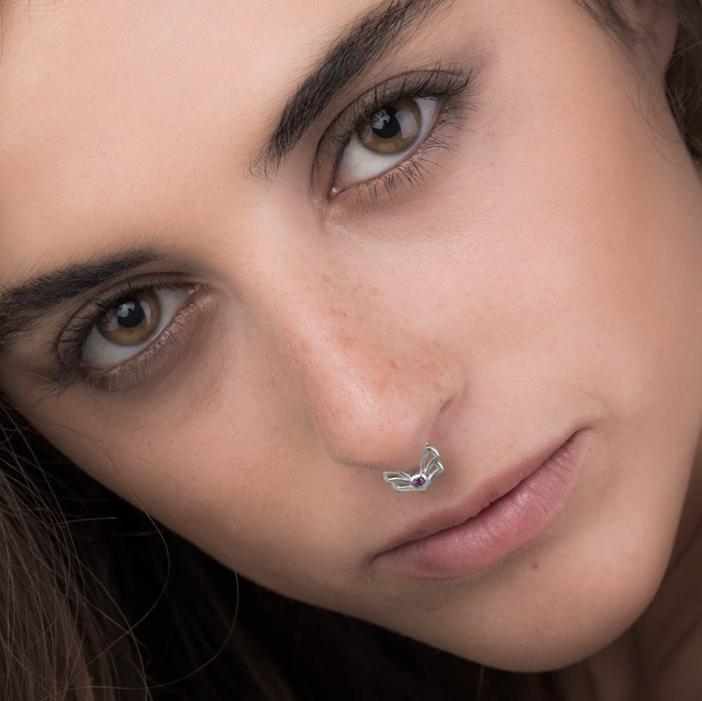 Silver Septum Ring With Gem Stone - Nose Ring - Sterling
