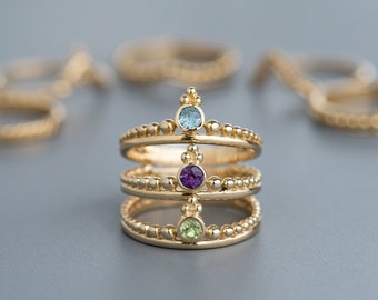 Women's Ring Set, 14k Gold Rings, Unique Gold Ring, Ring for Women, Boho Engagement Ring, Gold Stacking Rings, Aquamarine, Amethyst, Peridot