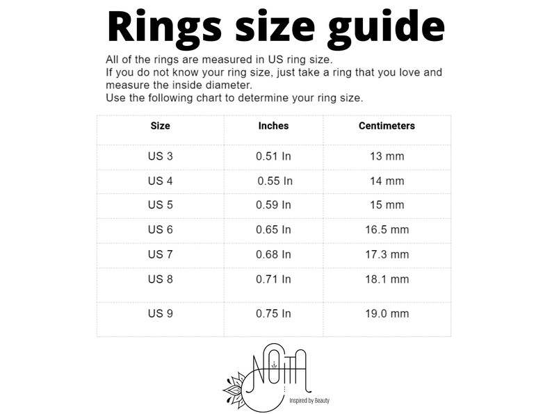 May include: A chart showing US ring sizes in inches and millimeters. The chart includes sizes 3 through 9.
