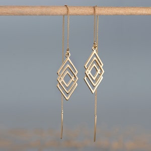 14k Gold Threader Earrings, Long Dangle Geometric Chain Earrings, Minimalist Jewelry, Gift for Her