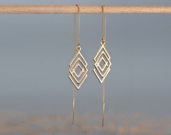 Threader earrings, 14k gold earrings, Geometric earrings, Gold chain earrings, Long thread earrings, Geometric Minimalist earrings