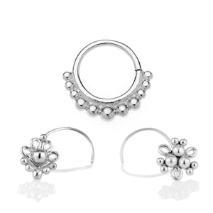 Piercing Set, Silver Daith, Rook Piercing, Septum Hoop, Indian Nose Studs, fits also Tragus, Cartilage, Helix, Tribal Jewelry, 18g, 20g