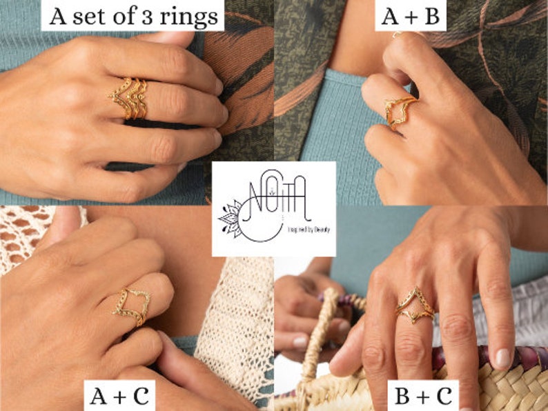 14k Chevron Gold Rings for Women, V Shape Stackable Ring Set, Boho Wedding Ring Set, Unique Engagement Ring, Anniversary Gift Idea for Her image 4