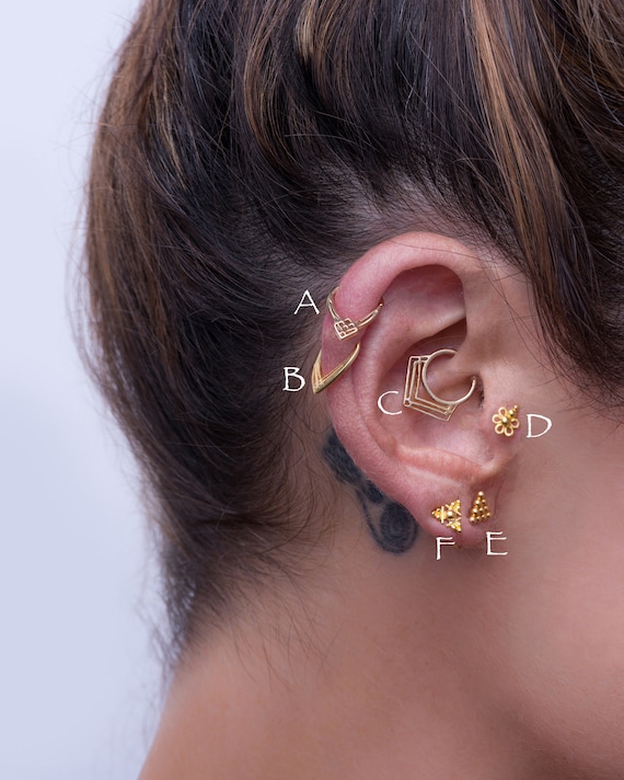 Piercing Set, Daith Earring, Cartilage Earring, Tragus Jewelry, Helix Hoop,  Rook Piercing, Indain Jewelry, 14K Solid Gold Set, 18g, 20g,boho 