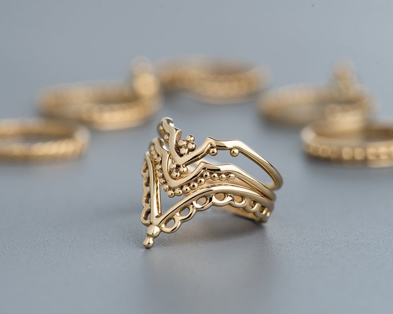 14k Gold Stacking Ring, Set of 3 Rings For Women, V Shape Ring Set, Boho Chevron Rings, Unique Wedding Ring Set, Everyday Ring Jewelry image 2