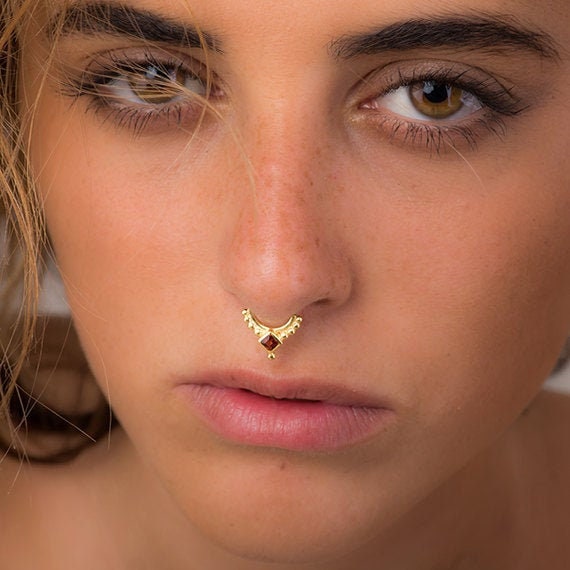 Tribal Gold Septum Ring with Gemstone Unique Septum Ring Peridot Septum Ring Indian Septum Jewelry Cartilage Helix Earrings for Her