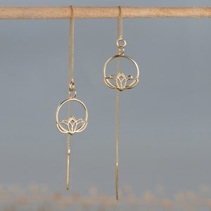 14k Gold Threader Earrings, Lotus Chain Dangle Earrings, Minimalist Jewelry, Gift for Women