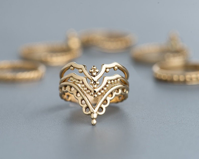 14k Chevron Gold Rings for Women, V Shape Stackable Ring Set, Boho Wedding Ring Set, Unique Engagement Ring, Anniversary Gift Idea for Her image 1