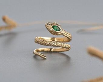 Gold snake ring with Emerald, 14k solid gold ring, Snake jewelry, Adjustable ring, Statement rings for women, Snake jewelry, Emerald ring