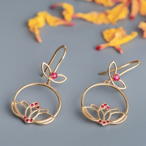 Necklace and Earring Set, Jewelry Set for Women, 14K Solid Gold Earrings & Necklace, Lotus Flower Wedding Jewelry, Ruby Set, Recycled Gold