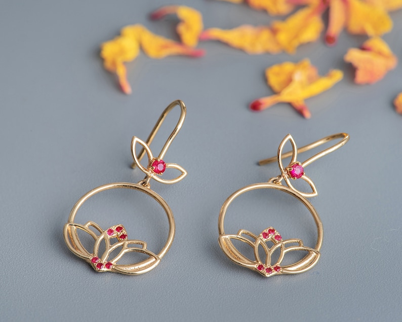 Necklace and Earring Set, Jewelry Set for Women, 14K Solid Gold Earrings & Necklace, Lotus Flower Wedding Jewelry, Ruby Set, Recycled Gold