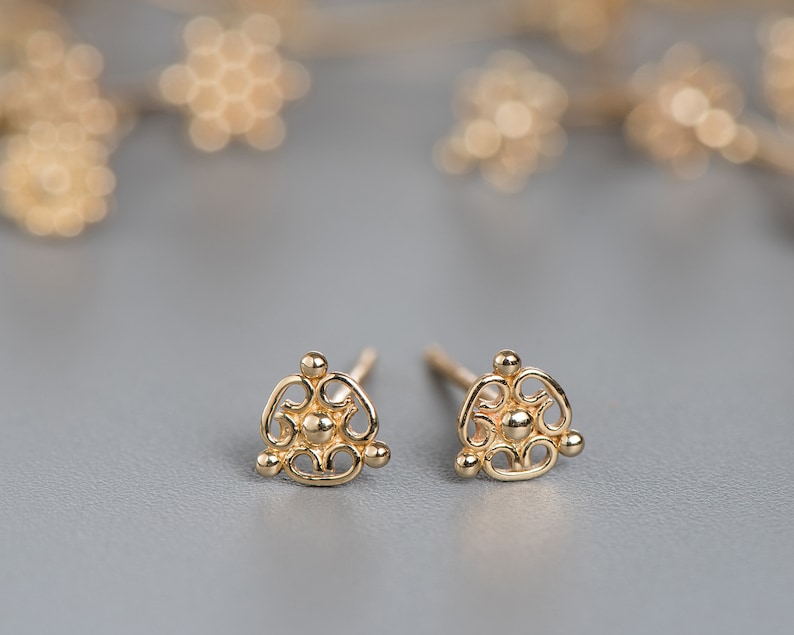 14k Solid Gold Gold Stud Earrings, Indian Earrings, Indian Jewelry, Tiny Stud Earrings, Tiny Gold Earrings, Fits Cartilage Piercing