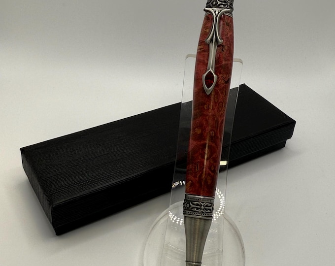 GOTH01 - Gothic Style Red Stained Maple Burl Wood Ink Pen - Antique Pewter Hardware