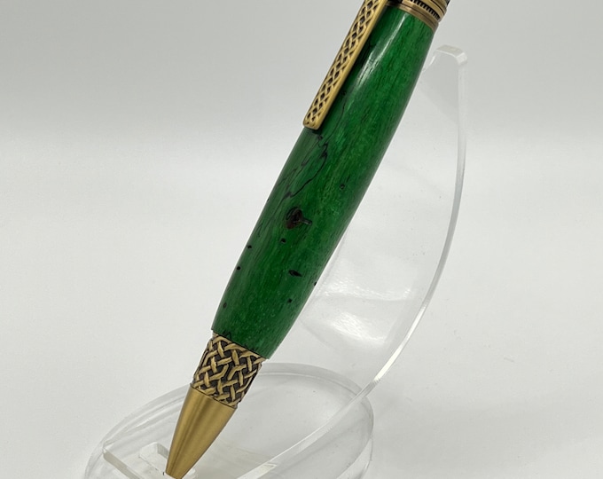 Beautiful Celtic Theme Pen Made With Green Spalted Tiger Oak Wood. One-Of-A-Kind Irish Gift!