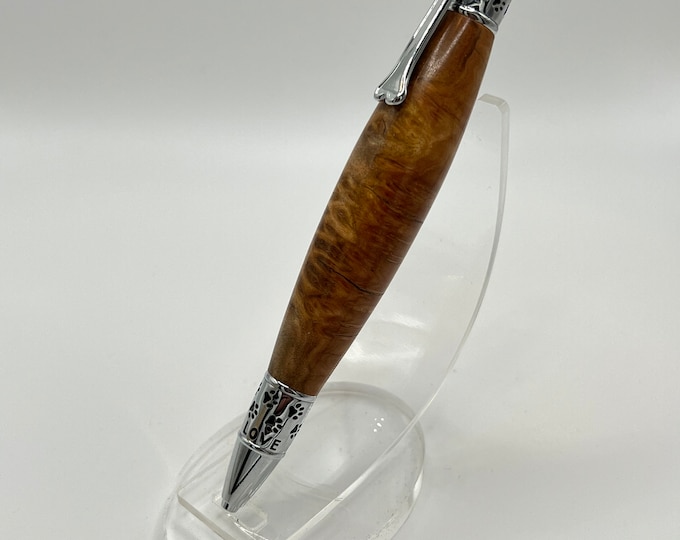 Dog Themed Brown Mallee Burl Wood Ink Pen - Chrome Hardware. Large Thick Pen