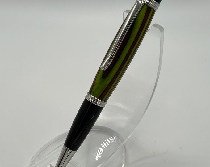01GC - Beautiful Colorful Green and Burgundy Laminated Wood Click Pen. Includes free gift box!