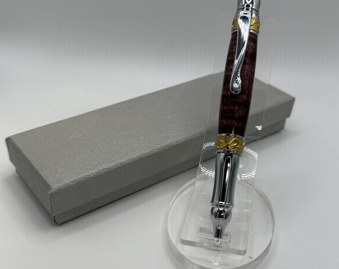Cordovan Stained Curly Maple Ink Pen: Handmade Wood Turned Pen