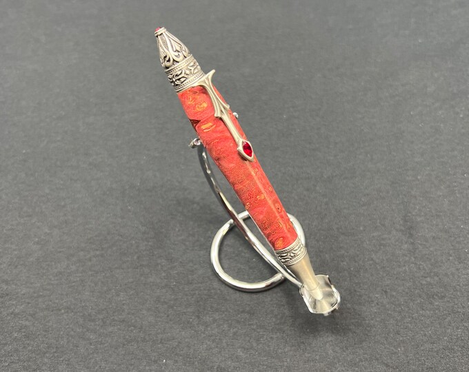Gothic Style Red Stained Maple Burl Wood Ink Pen - Antique Pewter Hardware