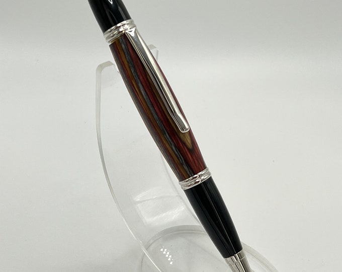 01GC - Beautiful, Colorful Burgundy/Blue/Tan Laminated Wood Pen.  Includes free gift box!