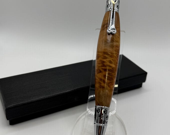 DOG02 - Dog Themed Brown Mallee Burl Wood Ink Pen - Chrome Hardware. Large Thick Pen