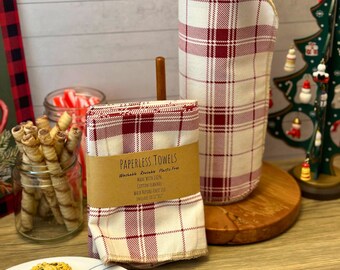 Red Plaid Paperless Towels, 6 pack, 12x12, Flannel, Holiday Unpaper towels, Reusable Paper Towels, Christmas Kitchen Towels, Gift for her