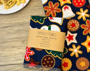 Christmas Cookie Paperless Towels, 6 pack, 12x12, Flannel, Unpaper towels, Reusable Paper Towels, Christmas Kitchen Towels, Gift for her