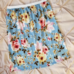 Size 20 Women - Adeline Skirt - Sky Blue Floral Liverpool Knit Modest Maxi Skirt