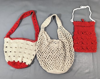 3 Handgefertigte Häkeltaschen Rot Beige Markttasche Schultertasche Vintage-Stil