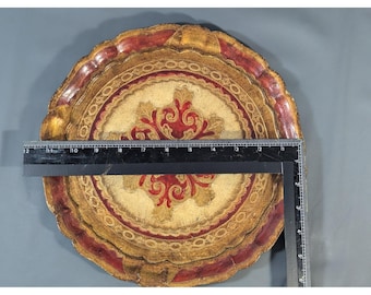 ヴィンテージ イタリア フィレンツェ 木製トレイ 金メッキ 赤 スカラップ模様 イタリア製 11.5インチ