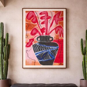 Abstract Plants in a Pot - Fine Art - colorful Flower Art Print - vibrant Mid Century Style - quirky Botanical Painting from real Artist