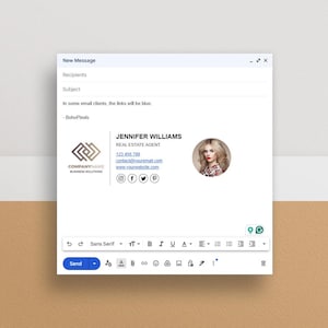 May include: Email signature template with a gold logo, a woman's headshot, and contact information for Jennifer Williams, Real Estate Agent. The text "In some email clients, the links will be blue" is included.