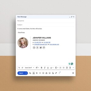 Może przedstawiać: Podpis e-mail z fotografią kobiety, Jennifer Williams, Grafik, numer telefonu, adres e-mail, adres strony internetowej i ikony medi&oacute;w społecznościowych.