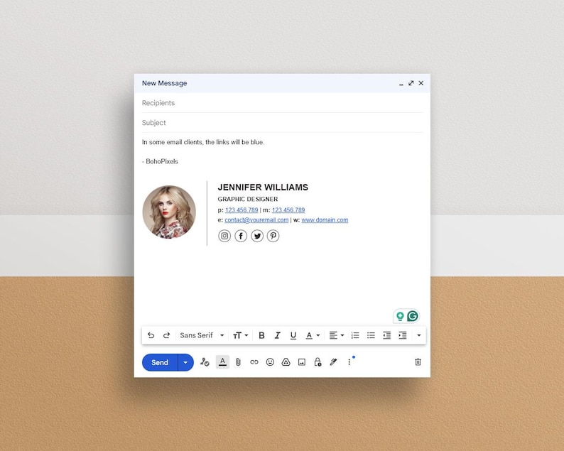 Może przedstawiać: Podpis e-mail z fotografią kobiety, Jennifer Williams, Grafik, numer telefonu, adres e-mail, adres strony internetowej i ikony medi&oacute;w społecznościowych.