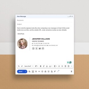 Może przedstawiać: Zrzut ekranu nowego wiadomości e-mail tworzonego w Gmailu. Podpis e-maila zawiera zdjęcie kobiety, jej imię i nazwisko, stanowisko, numer telefonu, adres e-mail, adres strony internetowej oraz ikony medi&oacute;w społecznościowych. Tekst "Oto jak wygląda podpis podczas komponowania nowej wiadomości w Gmailu. Wszystkie ikony medi&oacute;w społecznościowych są linkami, a adres URL strony internetowej, adres e-mail i numer telefonu są r&oacute;wnież klikalne." jest zawarty w podpisie e-maila.