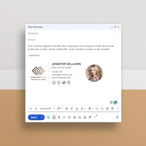 May include: Email signature template with a professional headshot, contact information, and social media icons. The signature includes the text "JENNIFER WILLIAMS", "REAL ESTATE AGENT", "123.456.789", "contact@youremail.com", "www.yourwebsite.com", and the company name "COMPANYNAME BUSINESS SOLUTIONS".