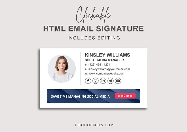 Clickable HTML Email Signature with a Banner Design, Custom Gmail Signature, Custom Email Signature, Banner Email Signature Design image 1