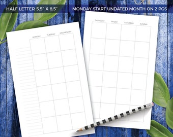 HALF LETTER Undated Monday Start Month On Two Pages Printable Planner Inserts Monthly Calendar