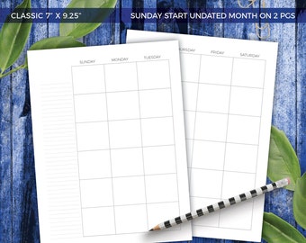 CLASSIC SUNDAY START Month On Two Pages Printable Planner Inserts Monthly Calendar