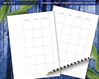 B6 5x7 Undated Monday Start Month On Two Pages Printable Planner Inserts Monthly Calendar