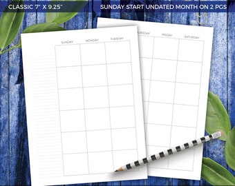CLASSIC Undated Sunday Start Month On Two Pages Printable Planner Inserts Monthly Calendar
