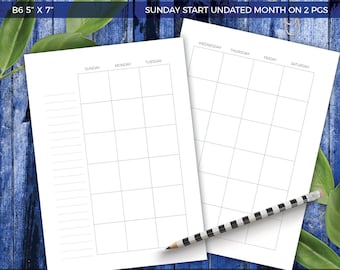 B6 5x7 Undated Sunday Start Month On Two Pages Printable Planner Inserts Monthly Calendar
