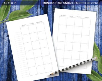 A6 4x6 Undated Monday Start Month On Two Pages Printable Planner Inserts Monthly Calendar