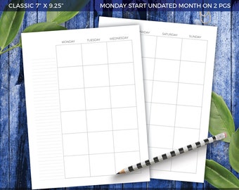 CLASSIC Undated Monday Start Month On Two Pages Printable Planner Inserts Monthly Calendar