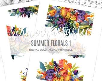 Summer Florals Printable Planner Stickers Clip Art Digital Download