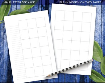 HALF LETTER Blank Month On Two Pages Printable Planner Inserts Monthly Calendar