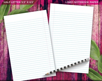 HALF LETTER Lined Notebook Paper Printable Planner or Traveler's Notebook Insert
